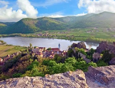 Aerial view of Durnstein, Austria, Wachau Valley, Danube River.