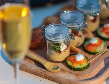 Close-up of hors d'oeuvres, champagne.