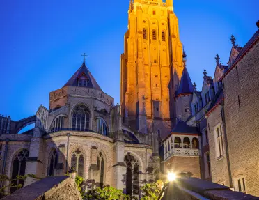 Nighttime shot of the Church of Our Lady in Bruges.
