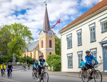 Bikers riding through a Norwegian town