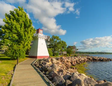 Shot of Canadian coastline, small red lighthouse.
