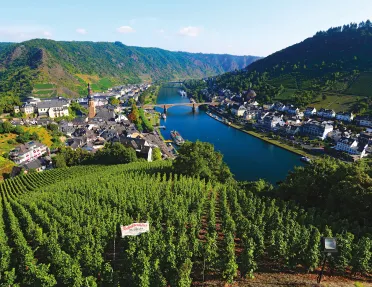 Ariel view of town, river, and bridge