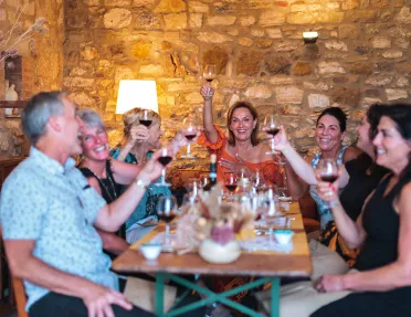 Group of guests at dinner, cheersing wine glasses.
