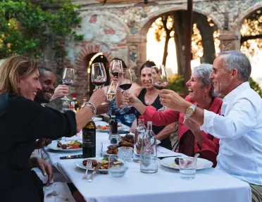 Group of guests at dinner, cheersing wine glasses.