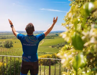 Guest rejoicing over grapevines, sunlight.