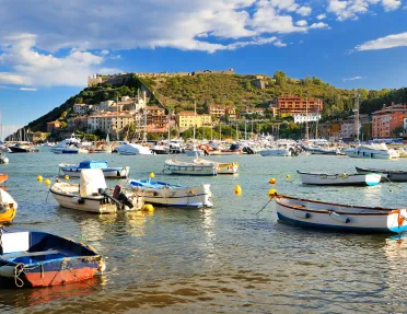 Shot of bay full of sailboats, colorful multi-tier housing on hillside in distance.