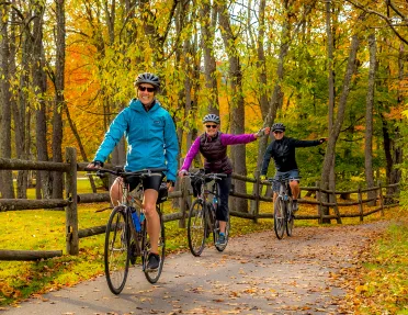 Three guests cycling down forest road, all smiling at camera, two signaling left turn.