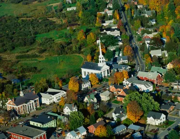 Wide shot of Vermont town.