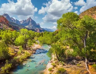 Wide shot of desert valley, blue stream, trees, cloudy sky.