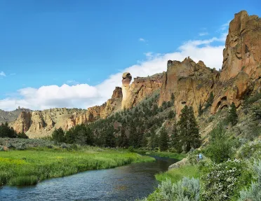 Wide shot of a stream among a grassy knoll, craggy cliffs in background.