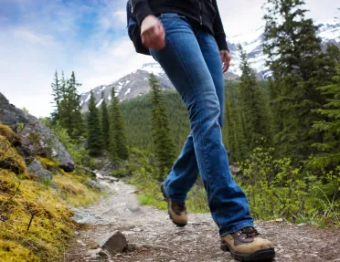 Ground shot of guest walking down muddy trail, forest, mountain behind them.