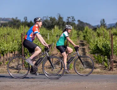 Two guests on e-bikes riding past vineyard.