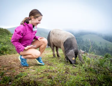 Young guest crouching on hilltop with pig.