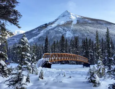 Wide shot of snowy bridge, Rockies in background.