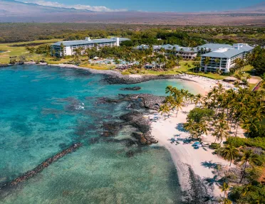 Aerial view of a white sand beach in Hawaii