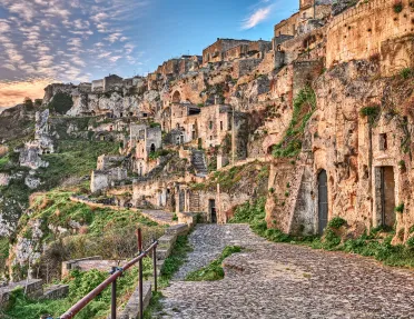 Wide shot of Sassi di Matera and it's mountainside huts.