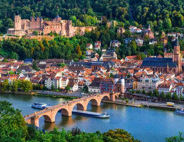 Ship Under Rhine River Bridge 