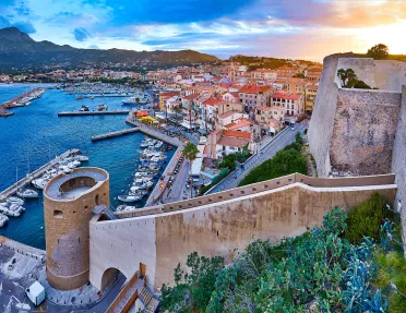 Wide shot of Calvi coastline.