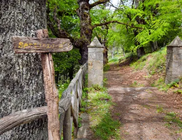 Shot of forest trail, fence, signage, two stone pylons.