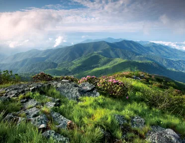 Wide shot of grassy, mountain vista. Large clouds.
