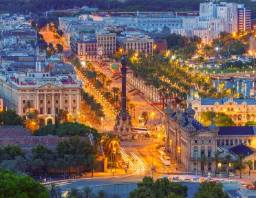 Bird's eye shot of Plaça d'Espanya, Barcelona. Lights illuminating.