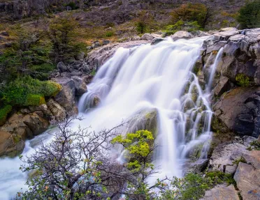 Shot of flowing waterfall, trees, river.