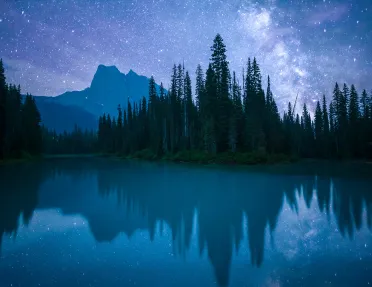Lake, mountain, forest, vibrant nighttime vista.