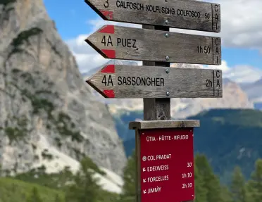 Close-up of directional sign on hillside. Numerous trails listed.