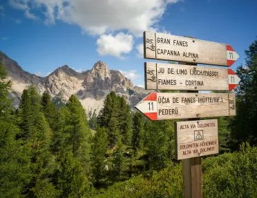 Shot of Dolomite signage, numerous trails listed.