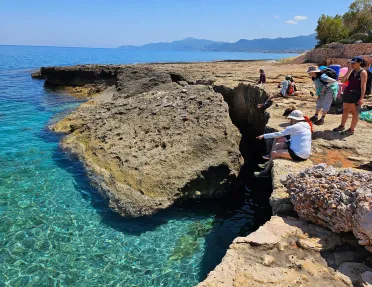 Group of guests sitting on small cliff over ocean, large boulder in water in front of them.