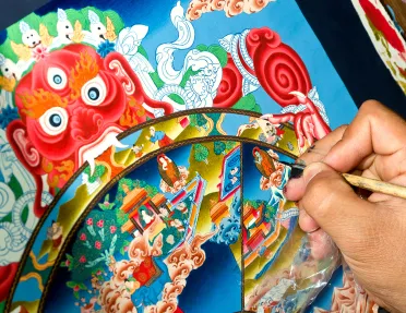 Artist Painting a Colorful Thangka in Kathmandu Valley