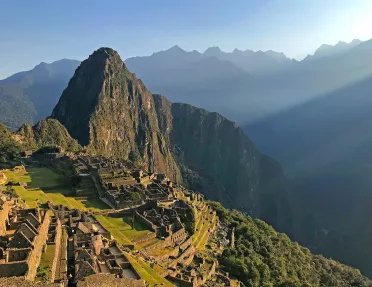 Wide shot of Machu Picchu during sunset.