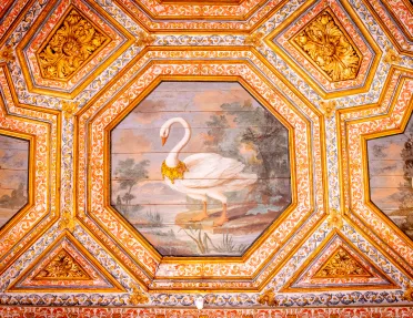 Shot of colorful, painted roof art.