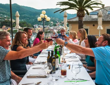 Group of guests at dinner, cheersing wine glasses.