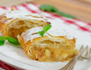 Plate of apple strudel.