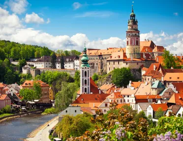 Beautiful view of church and castle in Cesky Krumlov, Czech republic