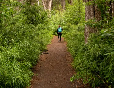 Woman walking on a dirt trail in a forest