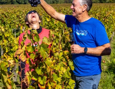 man feeding woman grapes