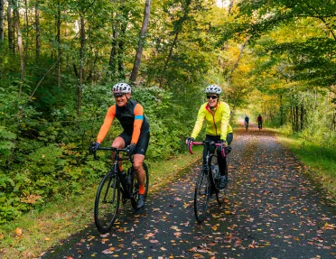 Two bikers biking down a tree lined road