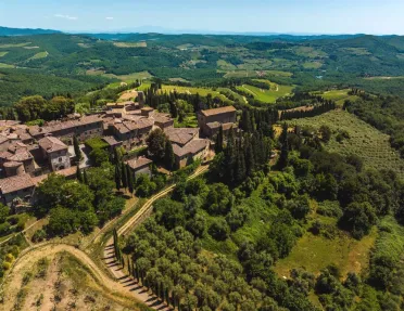 Sky view of brown brick buildings surrounded by a valley of trees and crops