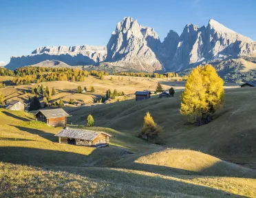 Green slopping hills in front of snowy mountains