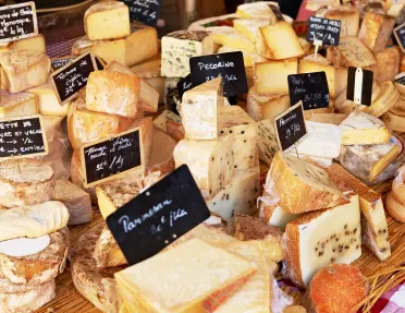 Market stand full of different cheeses with their prices on display