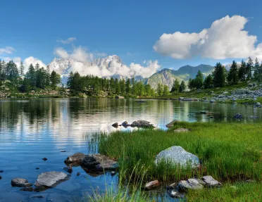 Lake surrounded by rocks, grass and trees