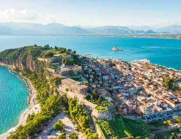 Top view of a small town by the ocean