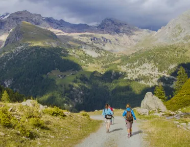 Three people descending a gravel trail on a mountain