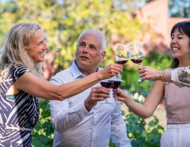 Two women and one man holding up wine glasses and smiling
