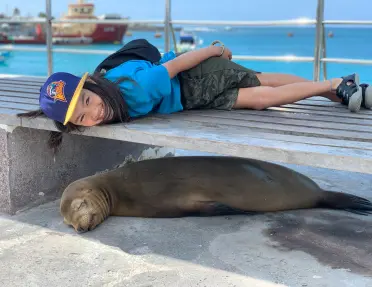 Man lying next to seal