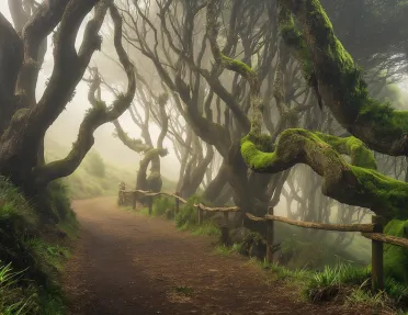 Dirt trail in a foggy forest surrounded by trees with wavy branches