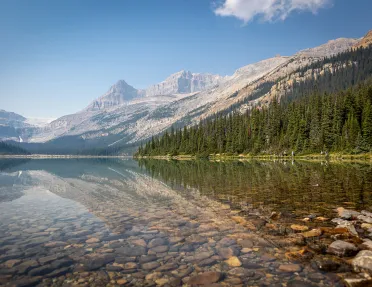 clear lake next to mountains