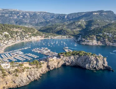 Seaside port full of boats and a small cluster of buildings